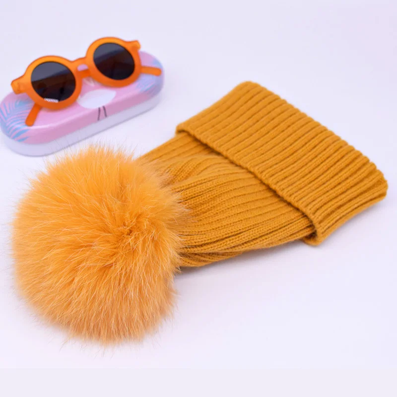 wool yellow fox fur Новинка, зимняя шапка, роскошные качественные шапки с меховым помпоном, шапка высокого качества для девочек, женские зимние шапки - Цвет: wool yellow fox fur