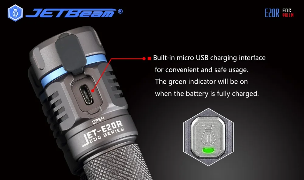JETBeam E20R светодиодный фонарь SST40 N4 BC 990 люмен Micro USB Перезаряжаемый Фонарик для занятий спортом на открытом воздухе