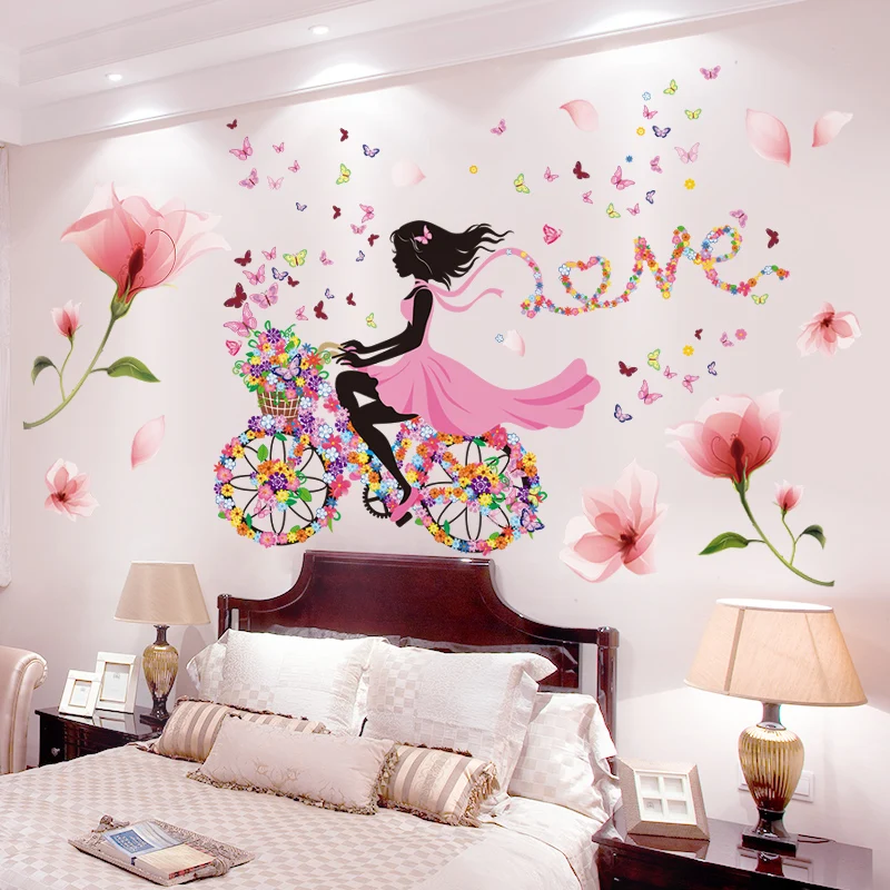 

Pink Flowers Plant Wall Stickers DIY Fairy Girl Wall Decor Decals for Living Room Kids Bedroom Kitchen Nursery Home Decoration