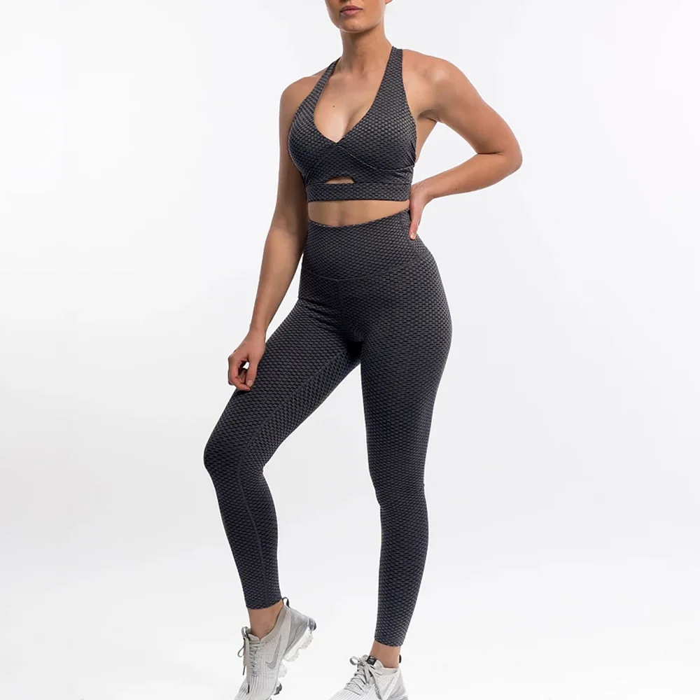 

2 Piece Set Honeycomb Yoga Clothing Suit Gym Workout Clothes Yoga Clothing High Waist Leggings + Fitness Bra Sports Fitness Suit