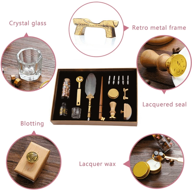 

Retro Calligraphy Quill Feather Dip Pen with Nibs Wax Seal Stamp Holder Gift Box G88D