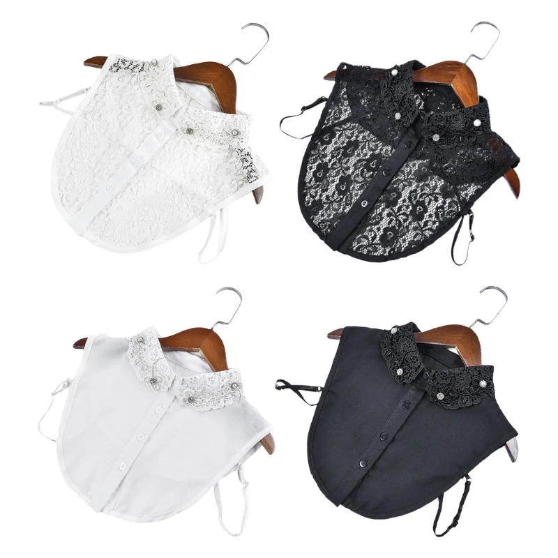 

Chiffon Lace Lapel False Collar Rhinestone Pearl Embellished Half Shirt Dickey X5XA