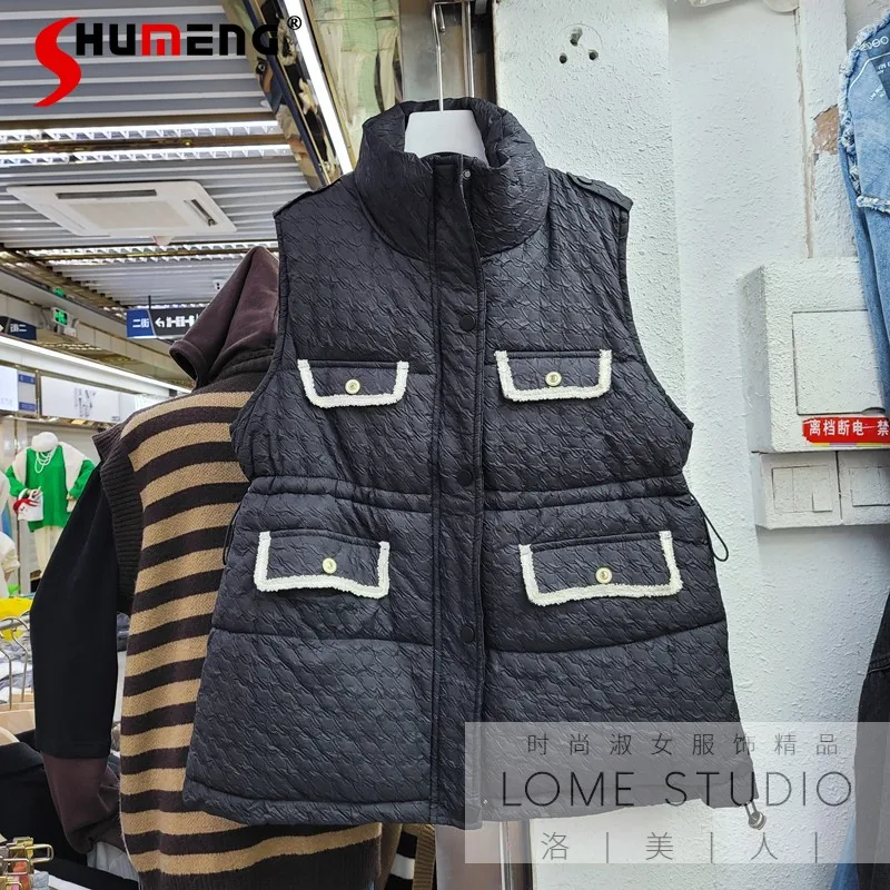 

2021 Winter New Solid Color Stand Collar down Cotton Vest for Female Fashion Slim Waist Sleeveless Waistcoat Jacket Women's