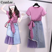 cyanlee plus size summer korean two piece set for women cotton lace bow top and mesh patchwork denim skirt set sweat women cloth