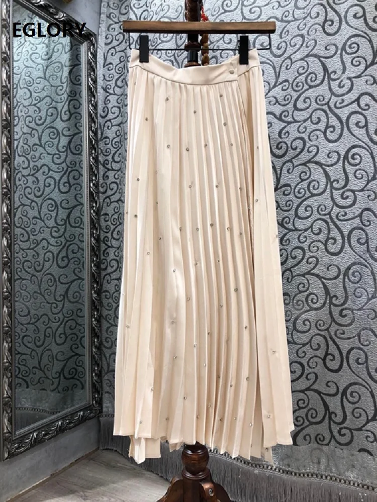 

High Quality Skirts 2021 Spring Summer Casual Long Skirts Women Crystal Beading Deco Ankle Length Pleated Maxi Skirts Clothing