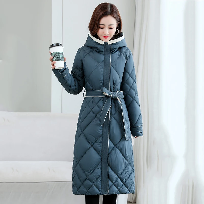 

2021 Warm Casual Women Coat Jackets With Hat Elegant New Long Parkas Fashion Solid Sashes Female Winter Windproof Outerwear