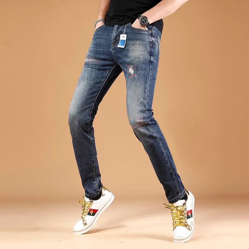 Men Blue Jeans Casual Pants Vaqueros Clothing Fashion Streetwear Ripped Embroidered Jean Straight Leg Slim Fit Denim Trousers