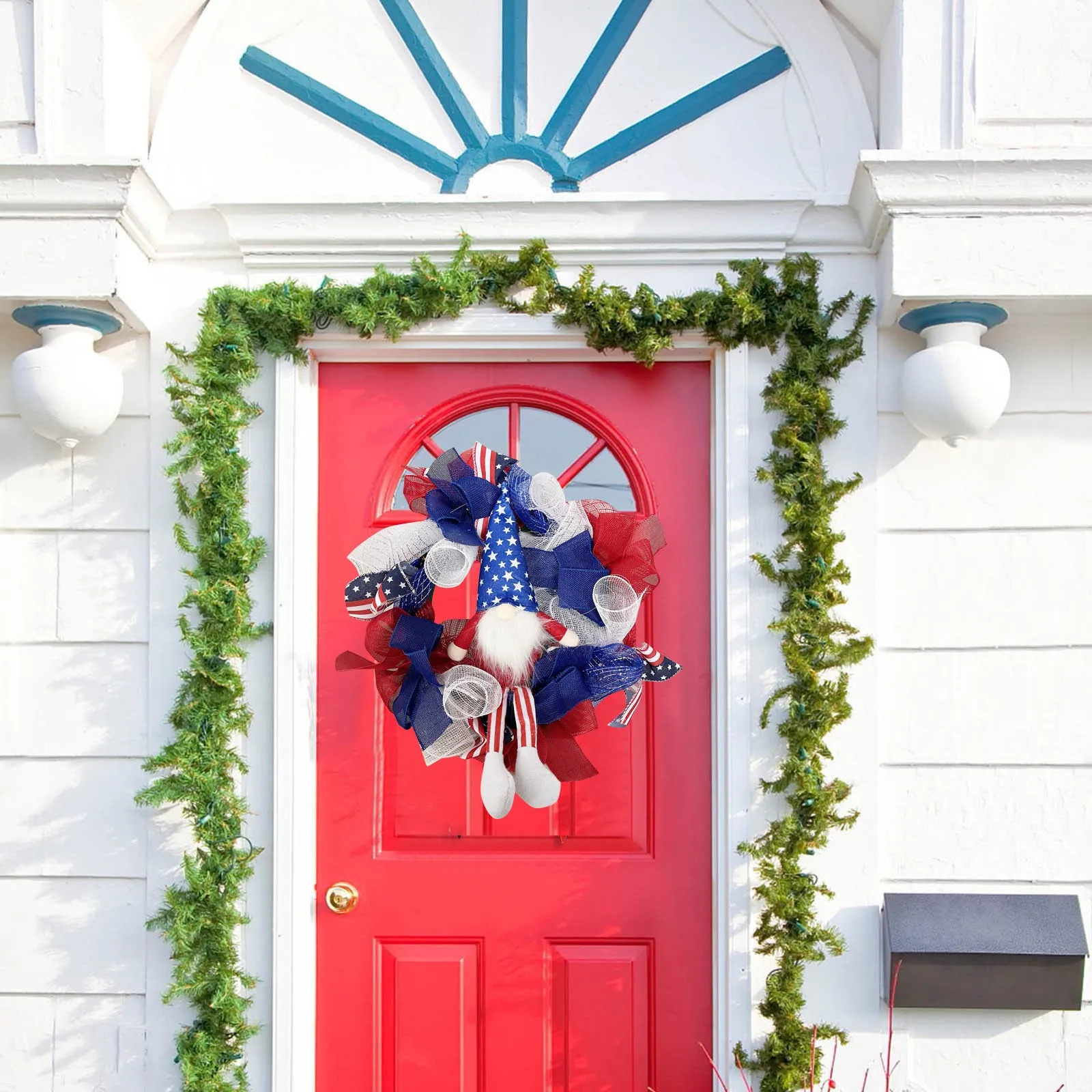 

40X40cm Artificial Decoration Independence Day Faceless Doll Wreath Porch Decoration Front Door Outdoor Hanging Home Decor NEW