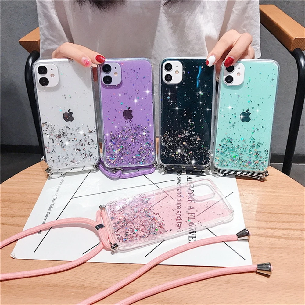 

For iPhone 13 Pro MAX MINI Phone Case Star Glitter Lanyard For iPhone13 Anti-drop Necklace Strap Crossbody Lanyard Phone Case