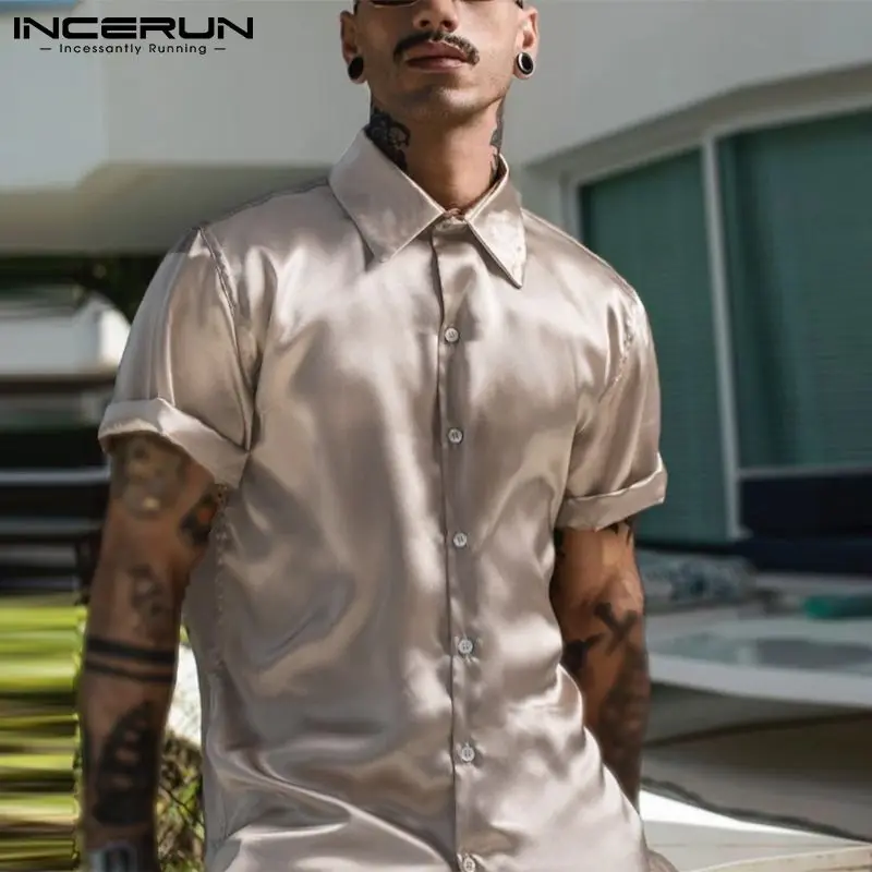 Рубашка INCERUN мужская с отложным воротником модная однотонная блестящая уличная