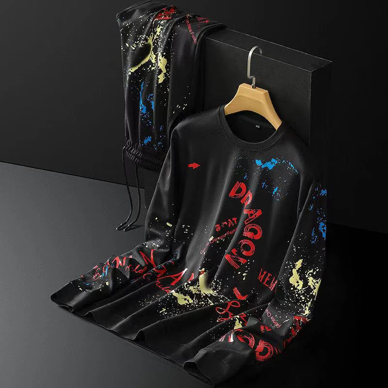 

New men's casual sports suit spring and autumn wear round neck loose trend plus fat plus fat plus size men's two-piece suit