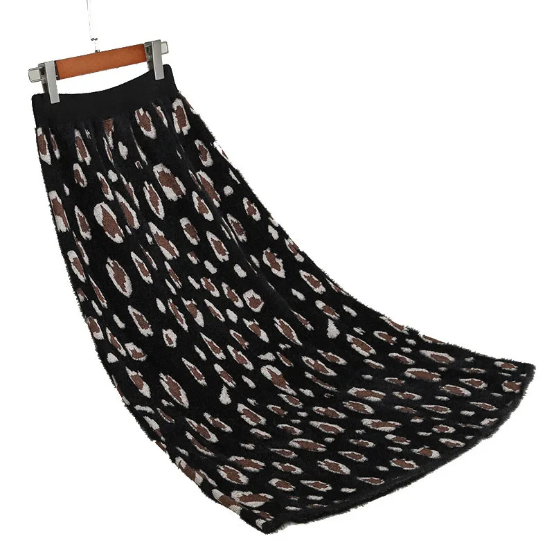 Женская леопардовая юбка вязаная осенне-зимняя плотная кроличья шерсть