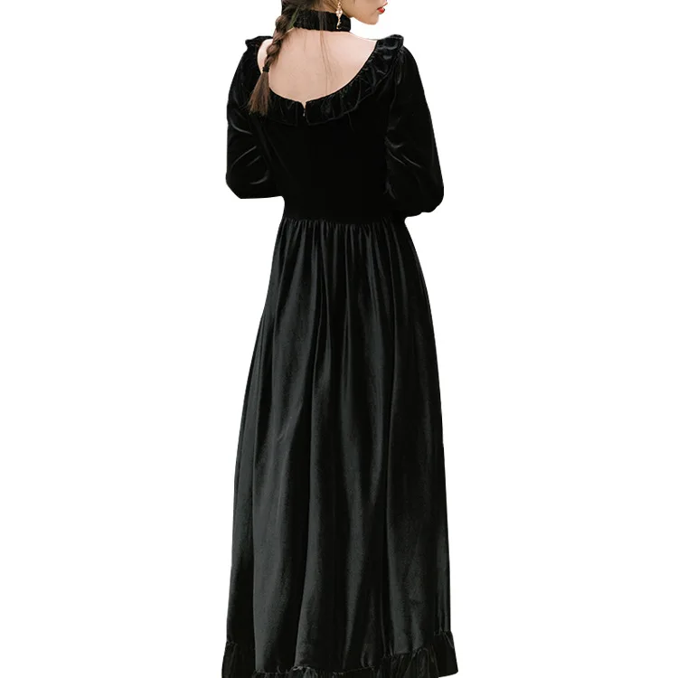 

WEPBEL Women Vintage Long Maxi Dress Retro French Sexy Hollow Out Full Puff Sleeve Dress Ankle Length High Waist Solid Color