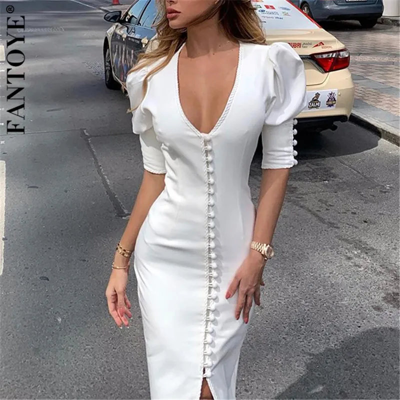 Женское платье с пышными рукавами Fantoye длинное Белое Облегающее Платье V образным