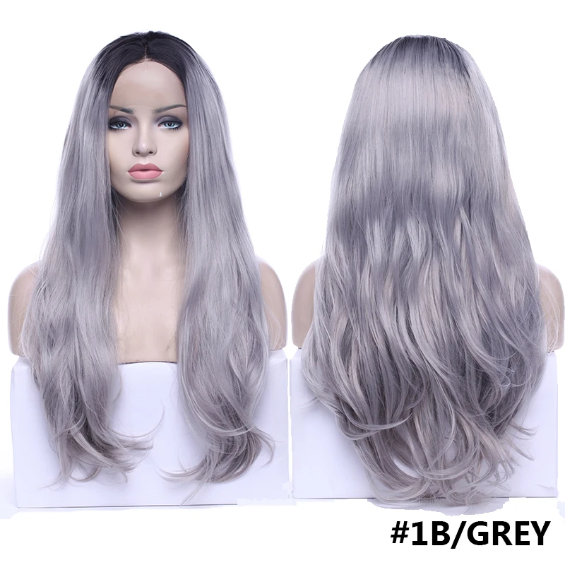 1B-grey SNOILITE, синтетические парики, парик на кружеве, длинные волнистые парики, Омбре, розовый, фиолетовый, серый, парик на шнурке, термостойкие парики для женщин, парик для косплея - Цвет: 1B-grey