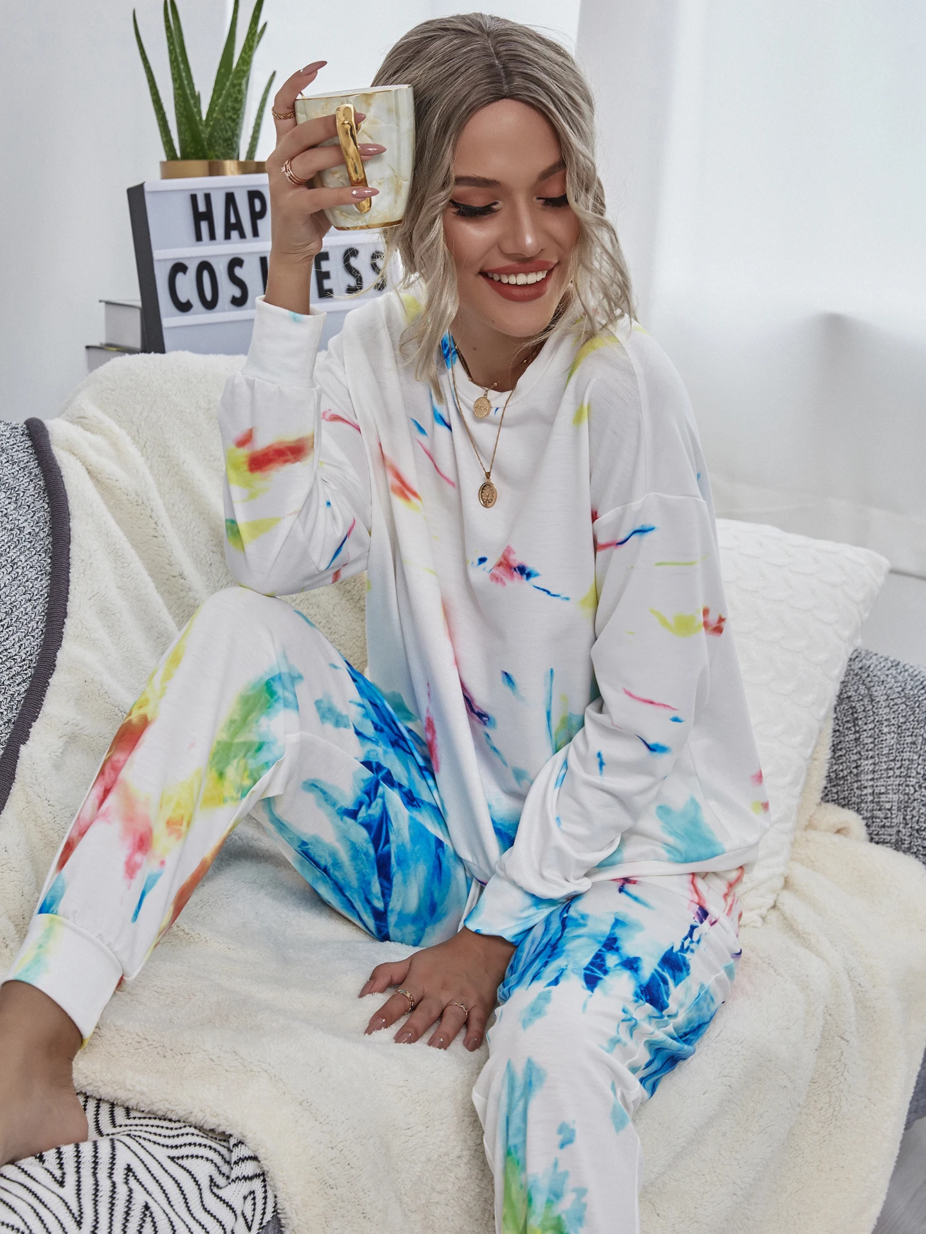 

Women Sweatshirt Tie-Dye Printed Home Suits Sets Autumn Soft Long Sleeve Round Neck Pullovers +Long Pant Casual 2PCS Tracksuits