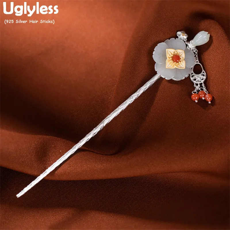 

Uglyless Elegant Ethnic Agate Tassels Hair Sticks for Women Nature Jade Magnolia SAKURA Hair Forks Solid 925 Silver Hair Jewelry