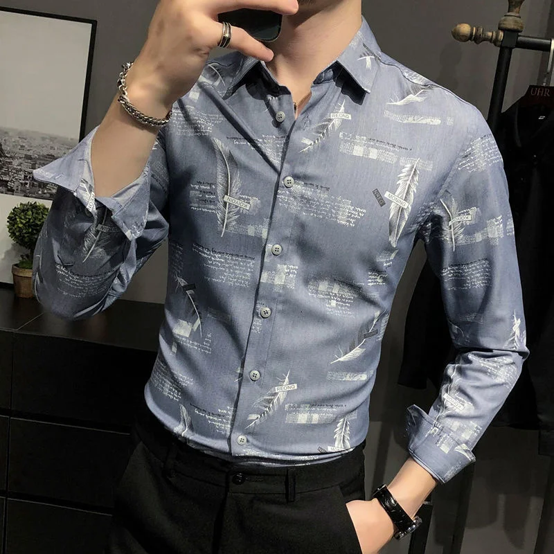 

Business Casual Holiday Men Shirts Button Down Camicia Uomo Spring Vintage Print Shirt Men Long Sleeve Slim Flower Print Shirt