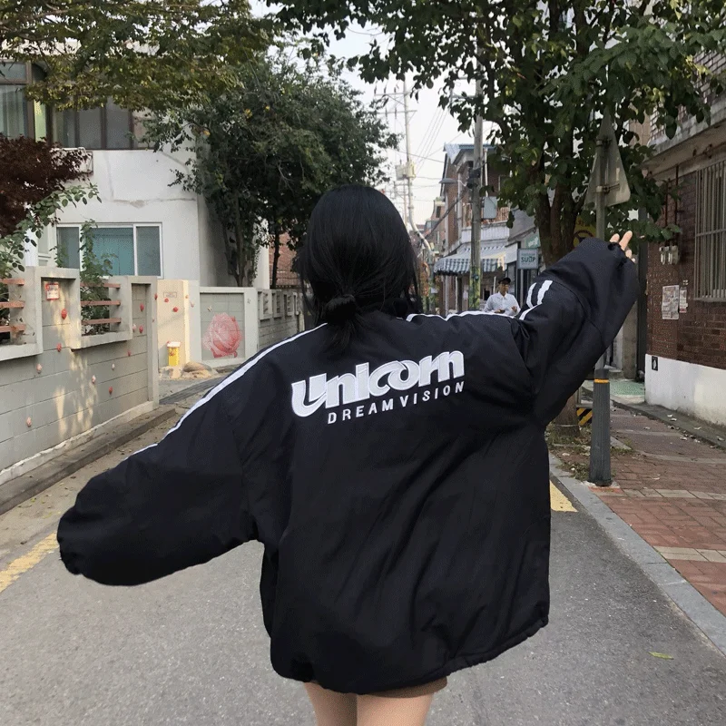 2020 New Girl Retro College Style Loose Casual Wind Side Strip Sports Windbreaker Jacket Autumn