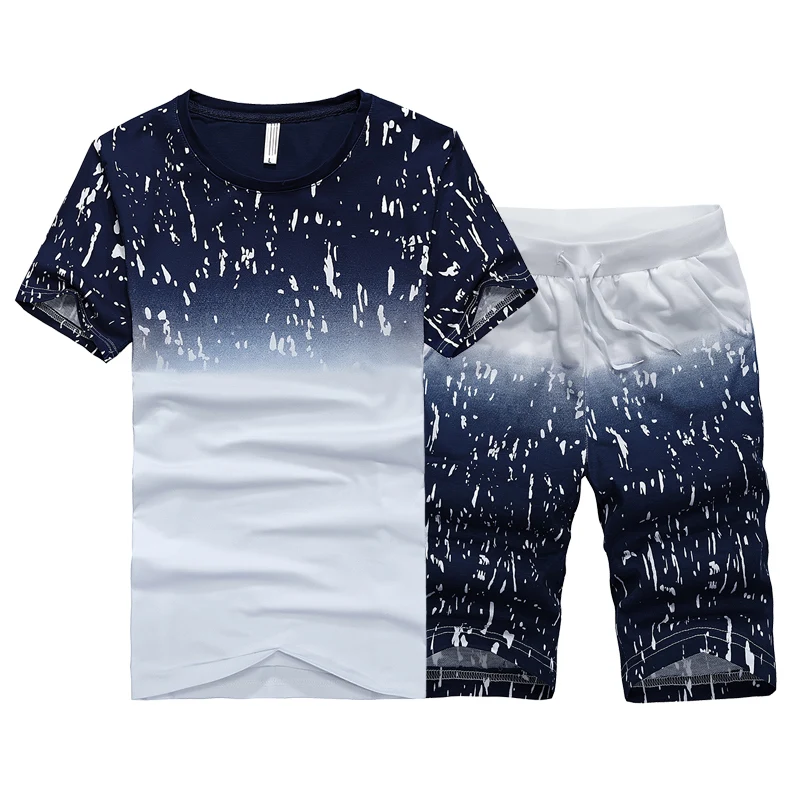 

Summer T-shirt Shorts Tracksuit Men Gradient Set Cotton Short Sleeve T-shirt Sweatshirt Pants Sweatshirts Print Two Pieces