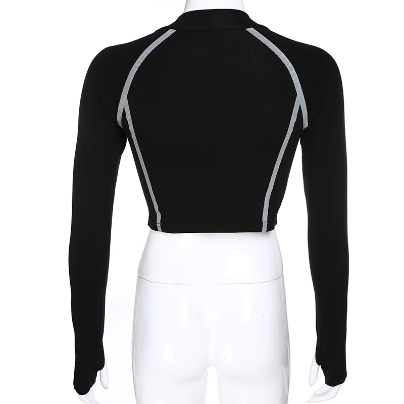 

Reflective Long Sleeve Patchwork t shirt Women Black Streetwear Sexy Tee Shirt Femme Fitness Letter Print t-shirt