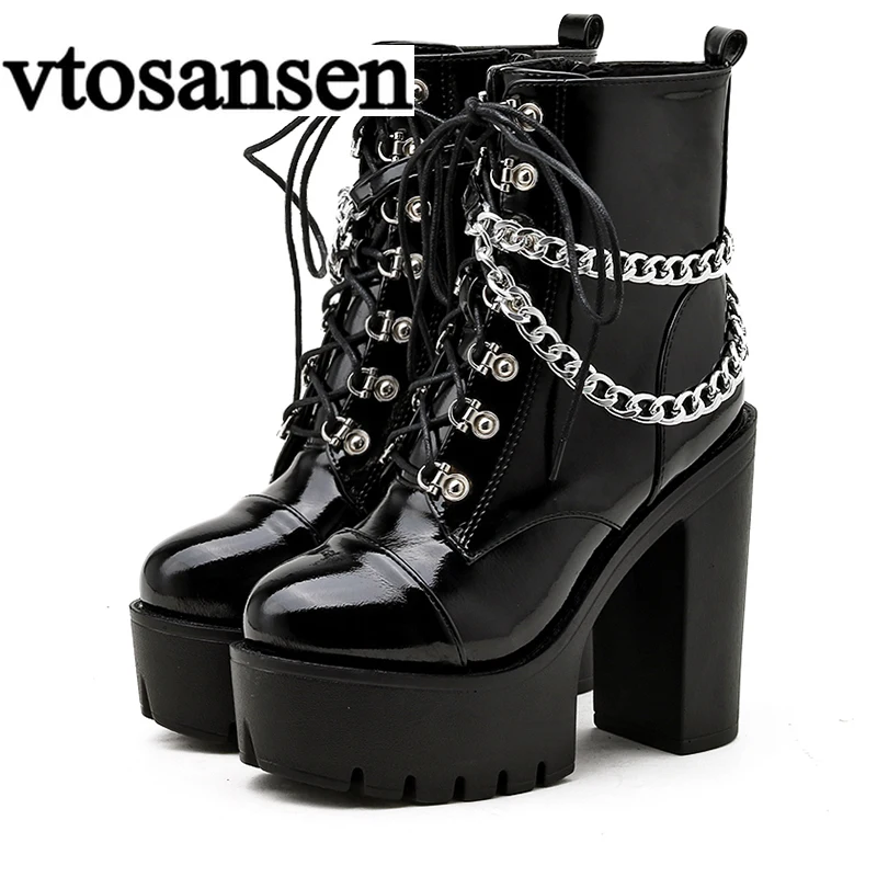 Jual Sepatu Wanita Gotik Hitam Sepatu Bot Pergelangan Kaki Wanita Musim Gugur Sepatu Bot Kulit Paten Gaya Punk Rantai Seksi Hak Tinggi Filas Gadis Ritsleting Pesta