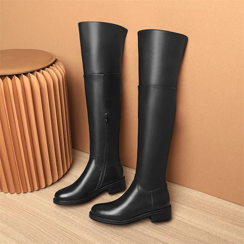 

ANNYMOLI Women Shoes Real Leather Block Heels Over The Knee Boots Zip Mid Heel Fashion Long Boots Lady Shoes Winter Black 33-45