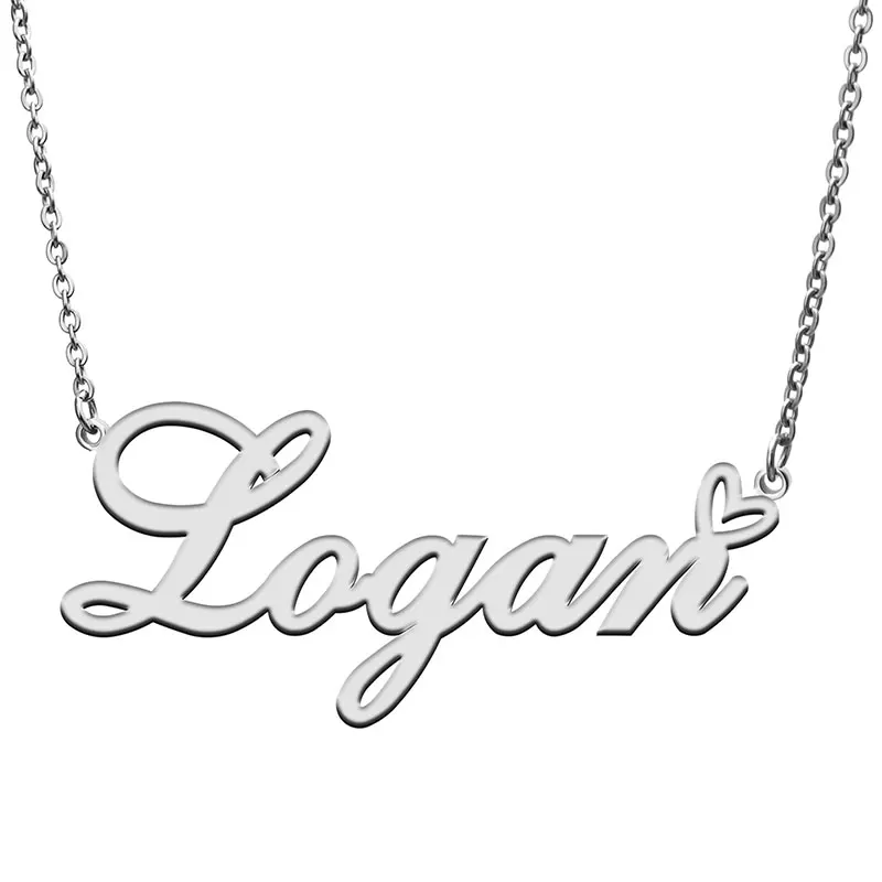 Love Heart Logan Name Necklace for Women Stainless Steel Gold & Silver Nameplate Pendant Femme Mother Child Girls Gift