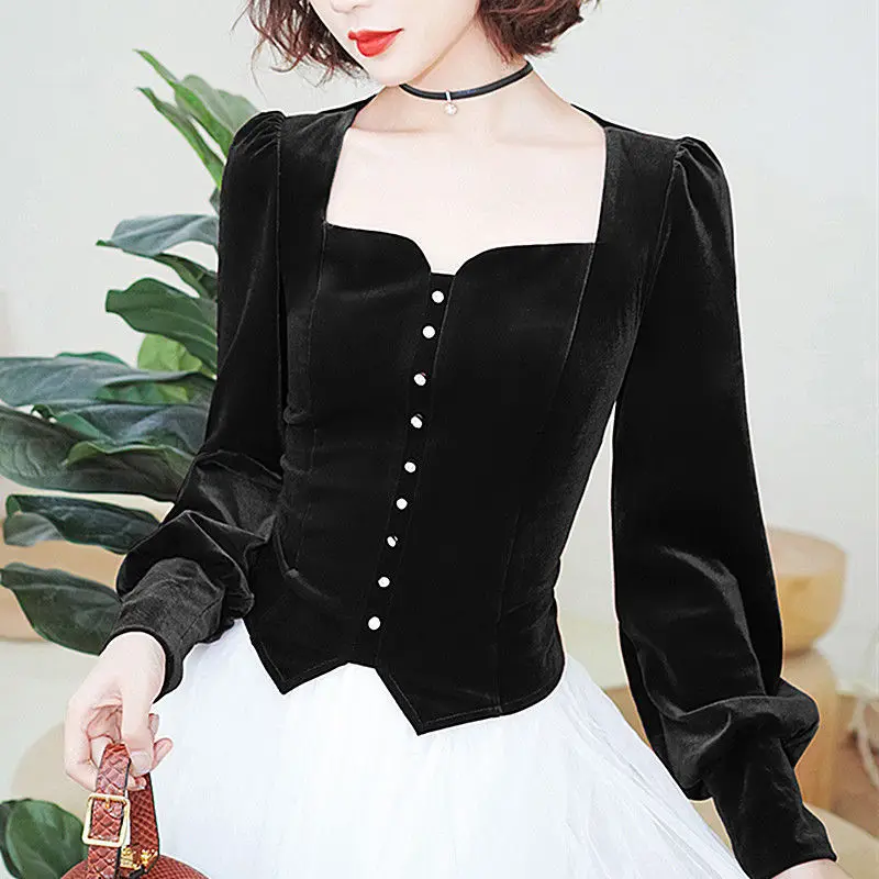 

2021 spring new velvet top women's V-neck slim diamond design shirt