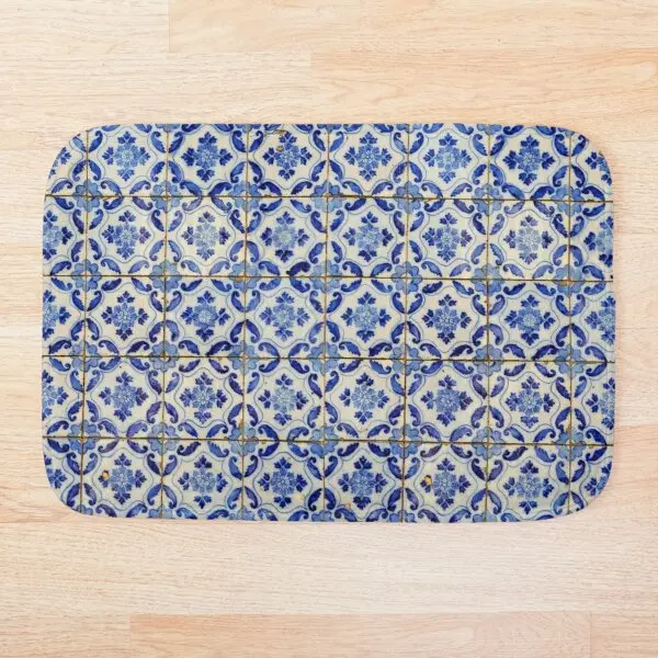 Португальский плитки. Коврик для ванной с голубыми цветами и листьями Набор