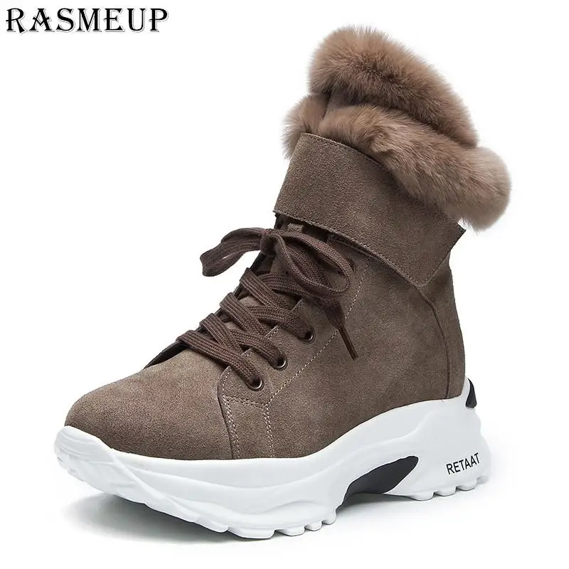 Женские зимние ботинки из RASMEUP кожи; коллекция года; модные теплые плюшевые женские зимние ботинки; повседневная женская обувь на платформе со шнуровкой - Цвет: Sand color