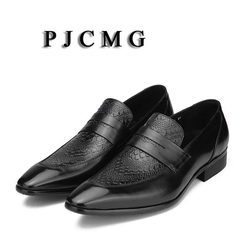 

PJCMG New Mens Business Slip-On Black/Brown Pointed Toe Formal Dress Genuine Leather Wedding Oxfords Office Shoes