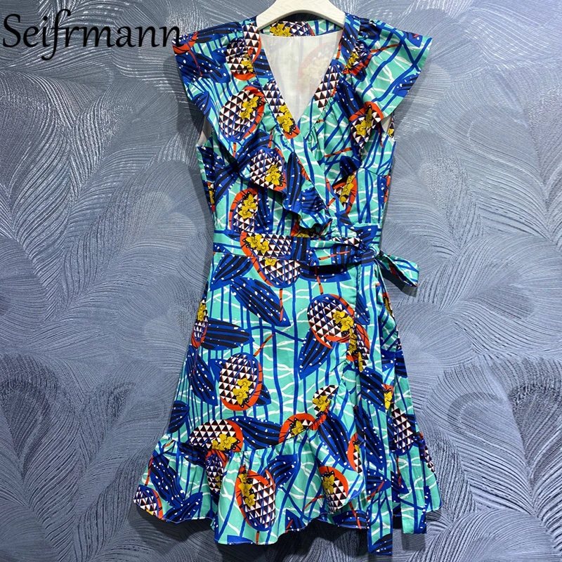 

Seifrmann New 2021 Summer Women Fashion Designer Cotton Dress Short Sleeve Bow Sashes Ruffles High Waist Print Dresses Vestidos