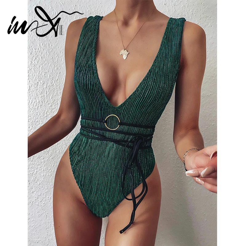In-X Sexy deep v neck swimsuit one piece Ring swimwear women Green string bodysuit Monokini Bathing suit Bathers new | Спорт и