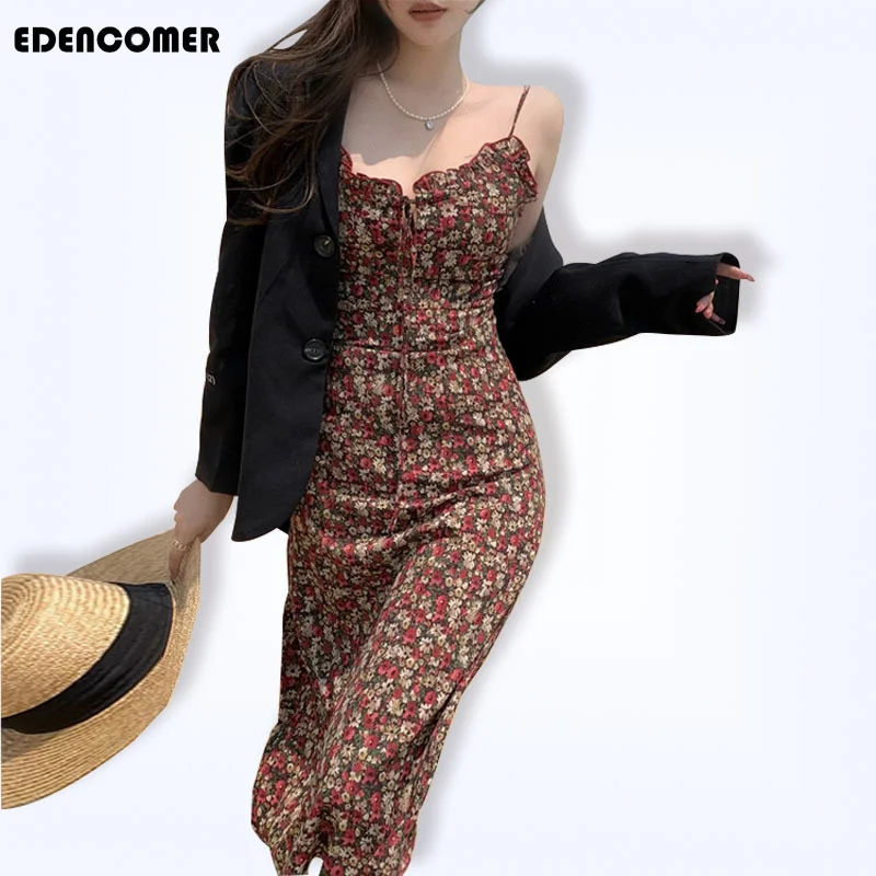 

Summer New Retro French V-neck Open Back Holiday Dresses 2021 Medium Length Red Floral Dress Suspender Vintage Dress Vestidos