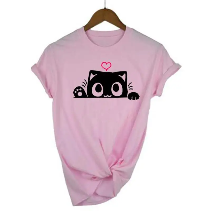 

Футболка женская хлопковая с коротким рукавом, Модный повседневный Топ в стиле Харадзюку, с принтом кошки, большие размеры, на лето