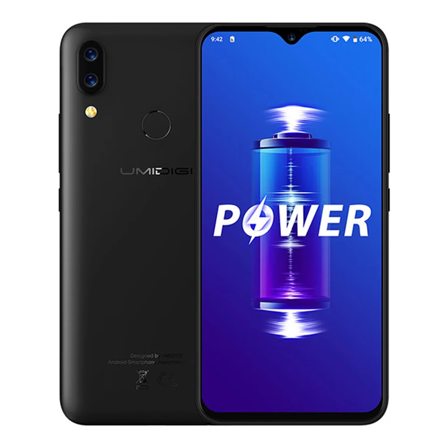 UMIDIGI power Android 9,0 5150 мАч большая батарея 18 Вт 6,3 'FHD+ экран капли воды 4 Гб+ 64 Гб Helio P35 глобальная версия смартфона 16 МП - Цвет: Black