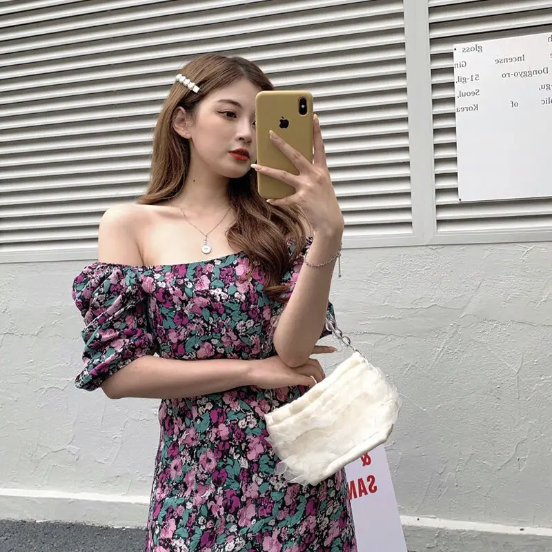 

Dresses Women Printing V-Neck Puff Sleeve Knee-length Elegant High Waist Fashion Summer Female Vestidos Streetwear Korean Style