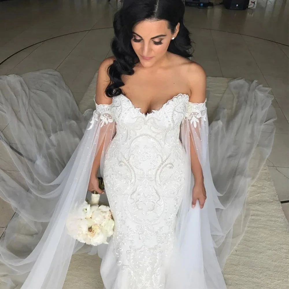 

Mermaid Wedding Dresses With Shawl Robe De Mariee Applique Beading Pearls Gowns Court Train Sheath Bridal