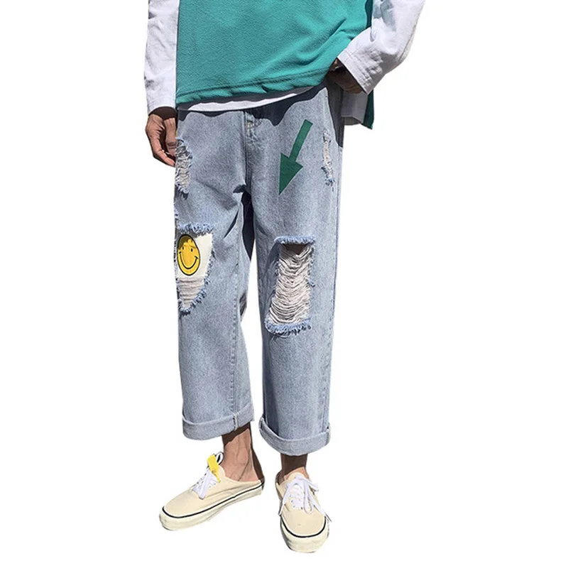 

Summer 2021 light-colored ripped ankle length jeans men's straight loose loose Korean beggars wide-leg harem pants men's jeans