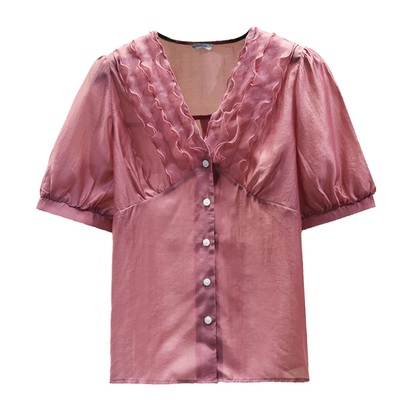 

V-neck Short Sleeve Female Blouses 2020 New Design Vintage Ruffles Solid Color Single Breasted Female Chiffon Shirts
