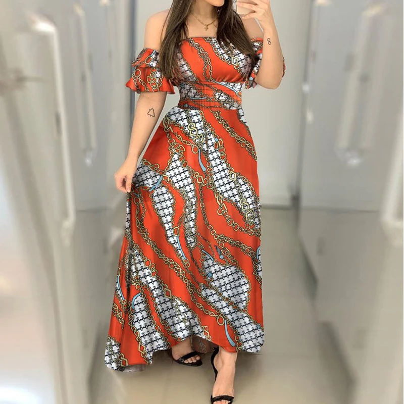 

Summer Women Fashion Off-Shoulder Printed Elegant Dress Party Club Dress Maxi Dress Plus Size Evening Dresses Long Luxury