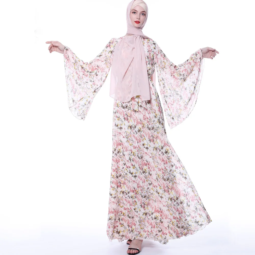 Турецкое исламское женское модное платье Абу-Даби, цветочное шифоновое платье с рукавами-фонариками в стиле ретро, трапециевидная юбка, веч...
