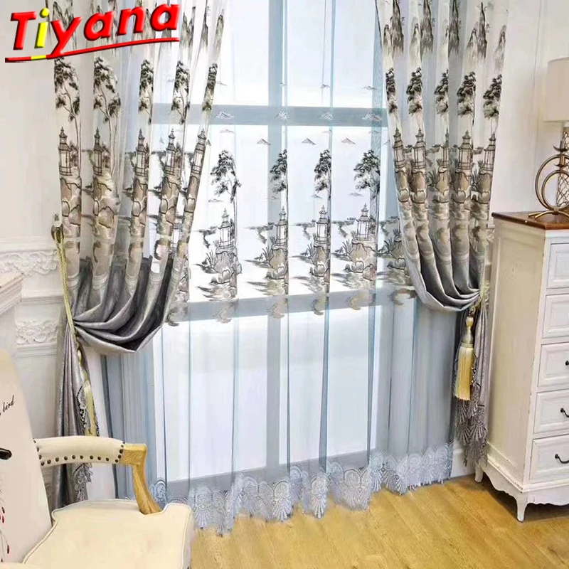 

Embroidery Mountains Peak/house Curtains for Living Room Chinese Classical Hollow Blue/Grey Semi-Blackout Curtains forBedroom*VT