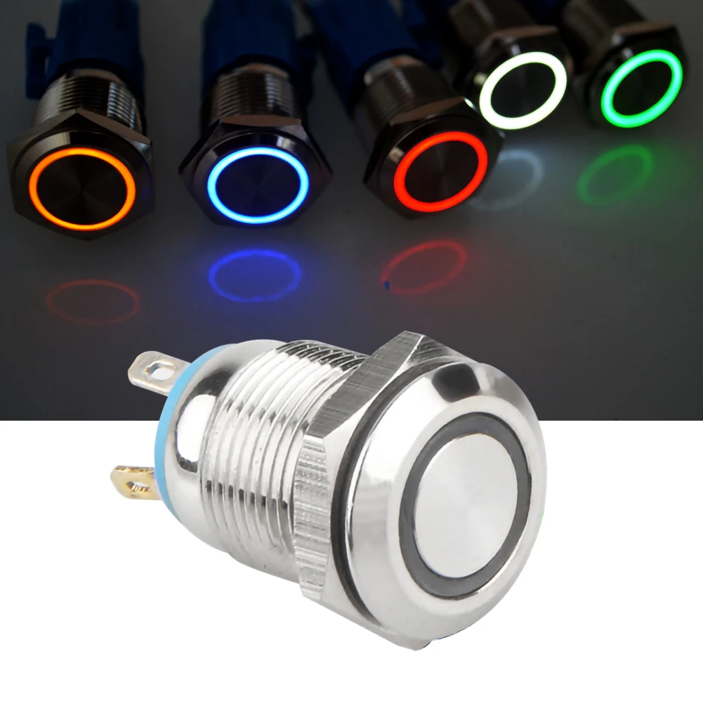 

Ring Lamp Power Symbol Button Waterproof LED Light Self-lock Self-reset Button 16mm Metal Push Button Switch 1NO1NC 12V