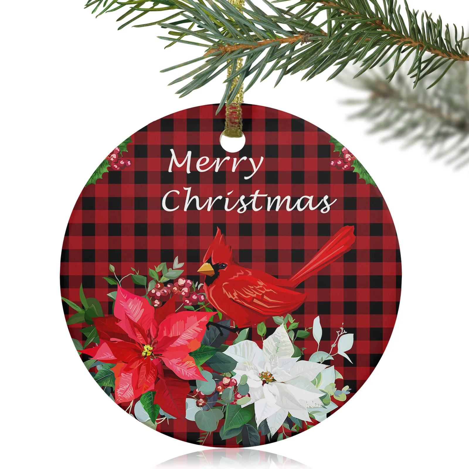 

Рождественские клетчатые рождественские подвесные украшения Cardinal Poinsettia, Керамическая подвеска на елку, рождественский подарок для друзей ...