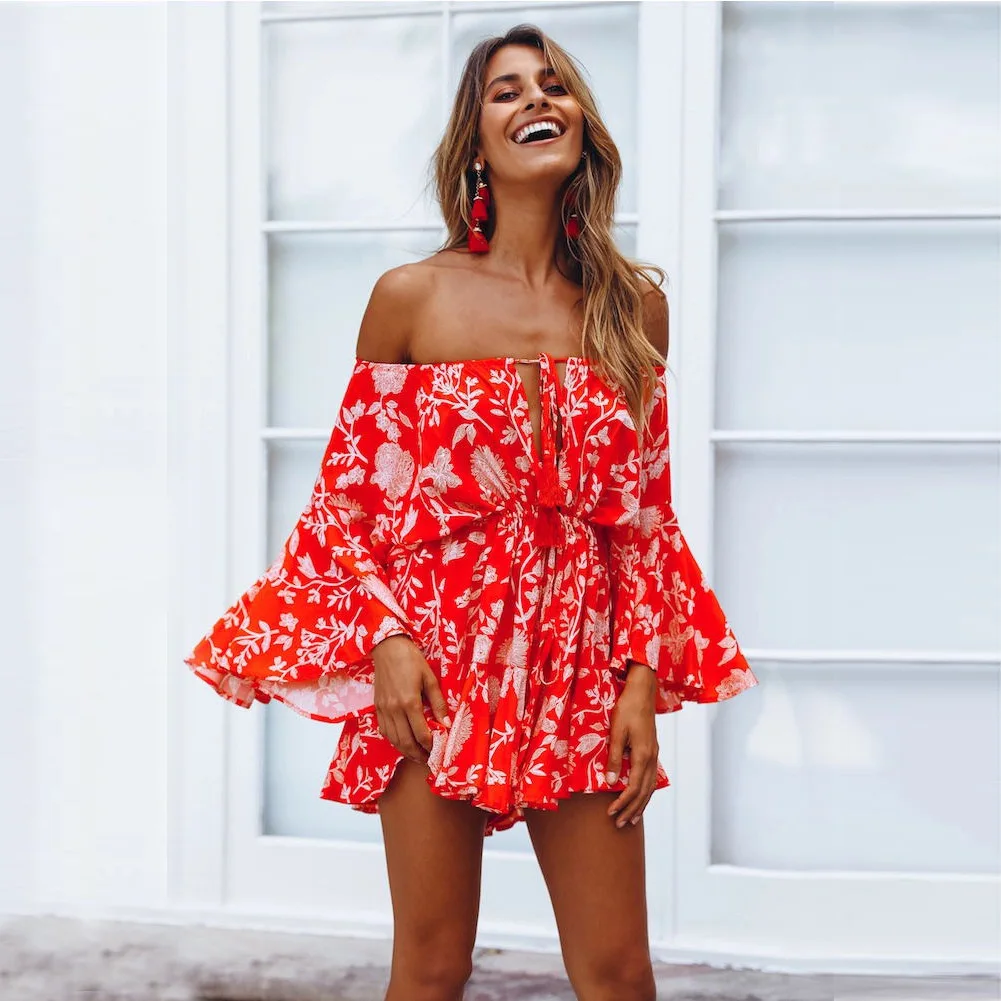 

Summer Women's Sexy Playsuits Bright Yellow Floral Printing Women Slash Neck Off Shoulder Ruffle Flared Sleeves Jumpsuit 2021