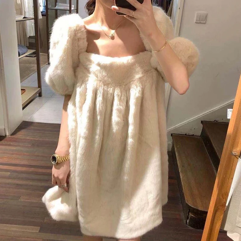 

Winter Women High Quality Faux Fur Dress Retro Soft Furry Puff Sleeve Palace Collar Dresses Thick Warm Plus Size Female Sundress