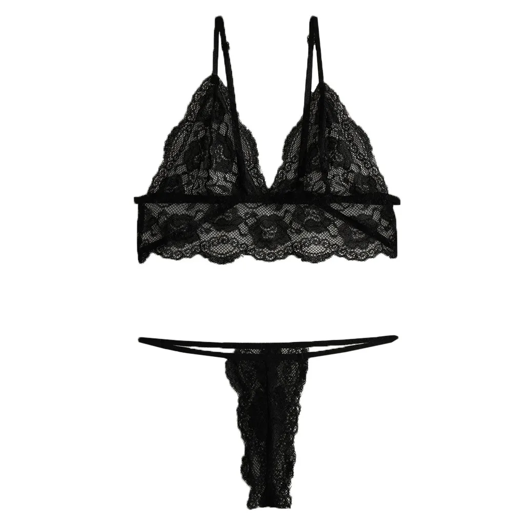 New Women Plus Size Lace Lingerie Bra+thong Underwear Set Black Sleepwear S-3xl Нижнее Белье Комплект Нижнего Белья