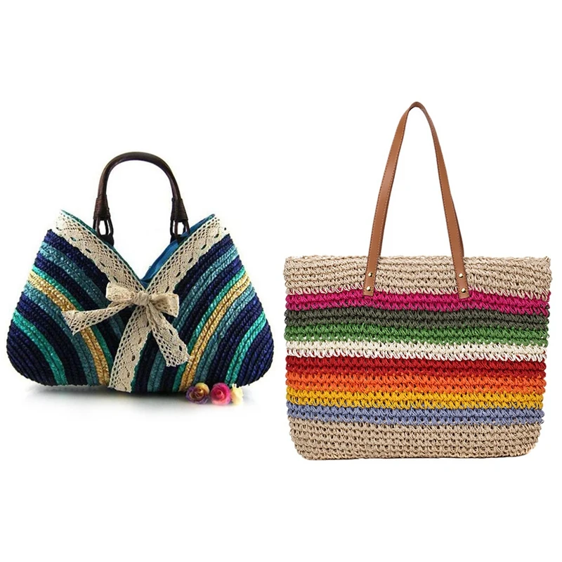 

Женская пляжная соломенная сумка радужной расцветки, Повседневная модная кружевная сумка с бантом в радужную полоску, Соломенная Сумочка